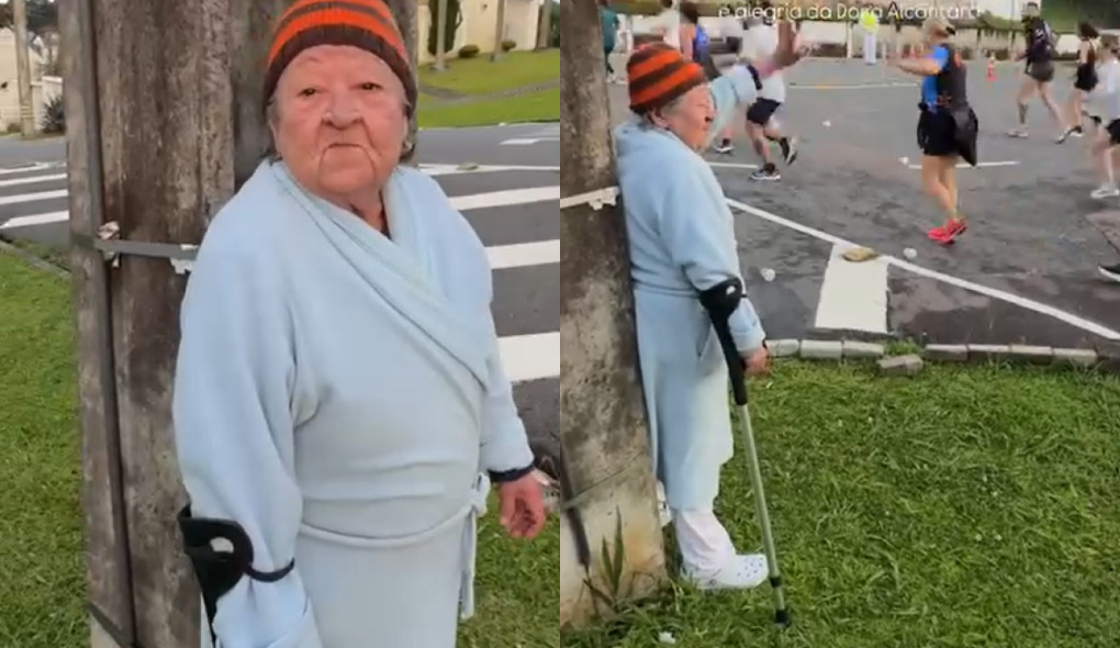 Vídeo registra senhora de 81 anos que acorda cedo para incentivar corredores em prova de Curitiba